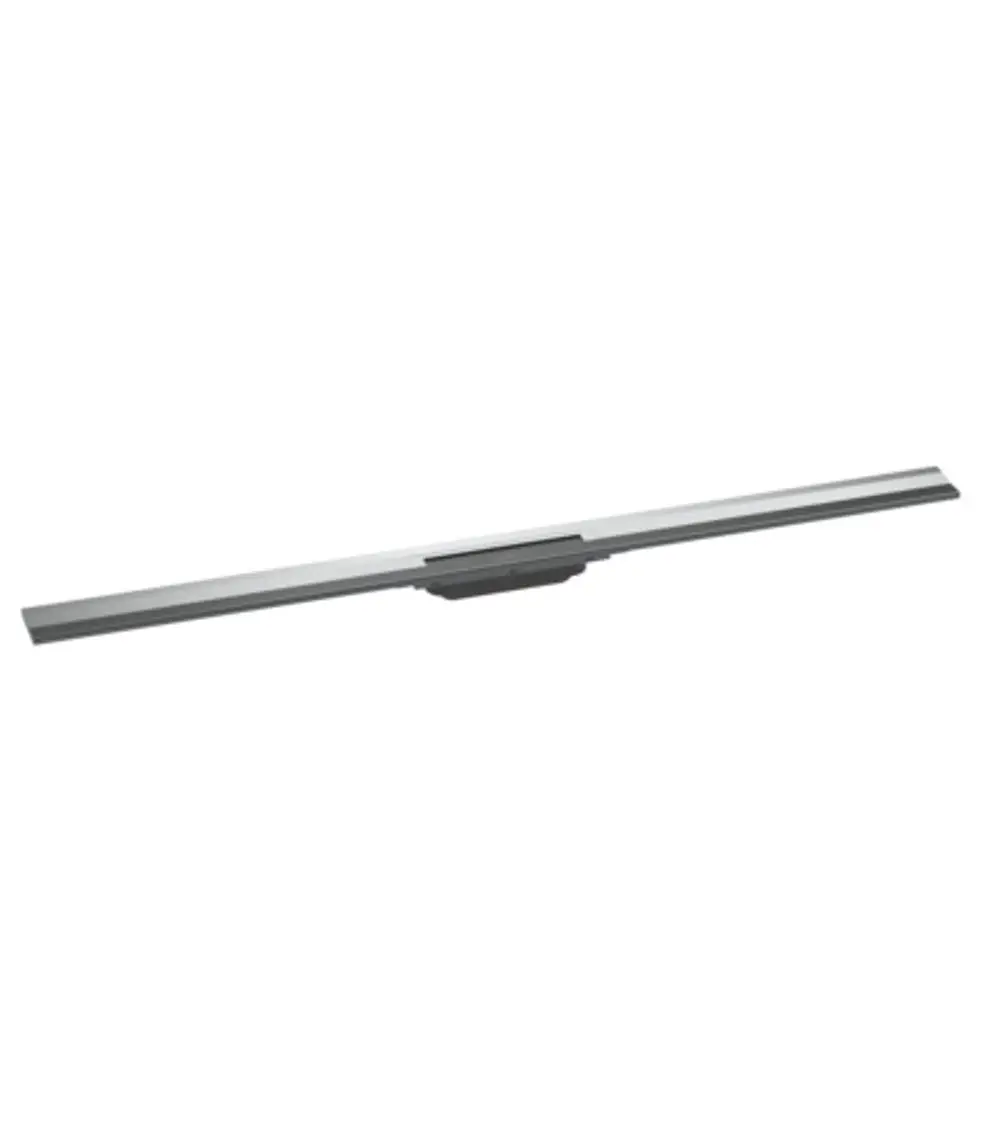 Duschrinne in Chromfarbe, flach und schmal mit einer mittigen Halterung. Geeignet zur Wandmontage, hergestellt von Hansgrohe.